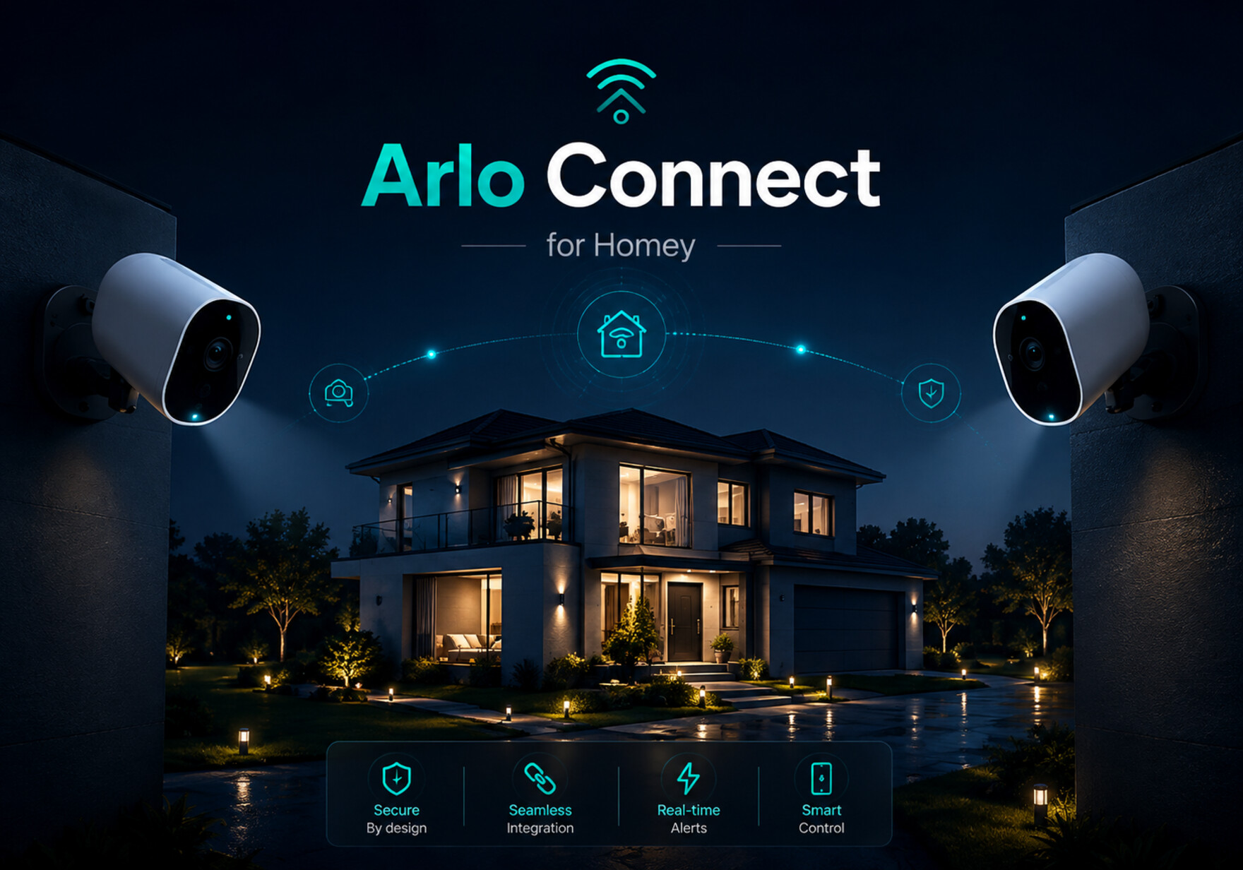 Arlo Connect smart-home artwork with cameras connected to a house